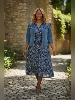 Leslie Fay Size 18 Blue and White Floral Midi Dress